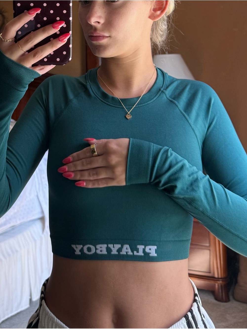 PLAYBOY Teal Long-Sleeve Crop Top
